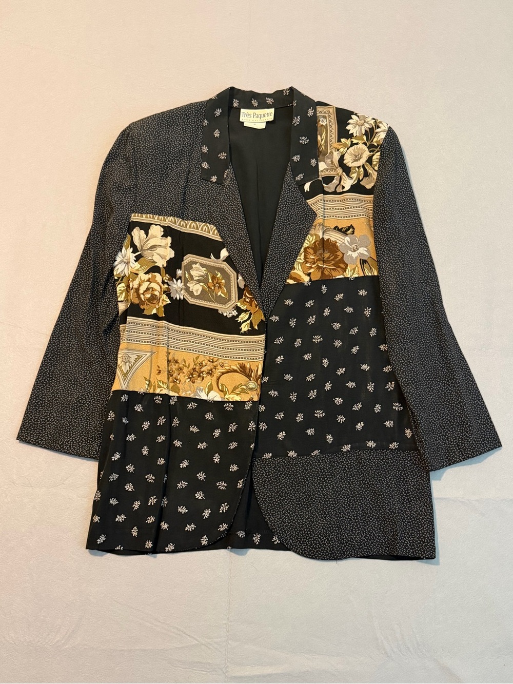 VTG 90s Tres Paquette Rayon Patchwork Tapestry Blazer Shoulder Pads USA Sz Med